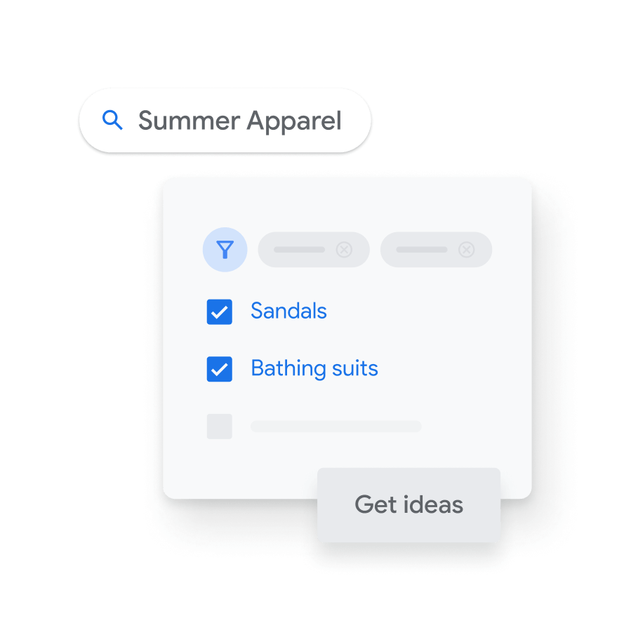 Keyword Planner UI shows “sandals” and “bathing suits” selected to appear in searches for “summer apparel.”