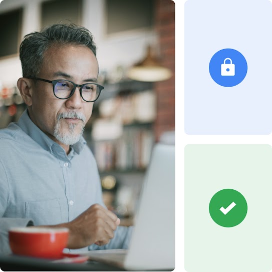 Collage of images shows icons of safe and secure content, a man working in an office.