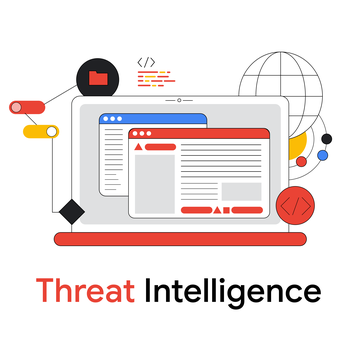 Illustration of a laptop with two browser windows and the text "Threat Intelligence" below, surrounded by icons representing data and cybersecurity.