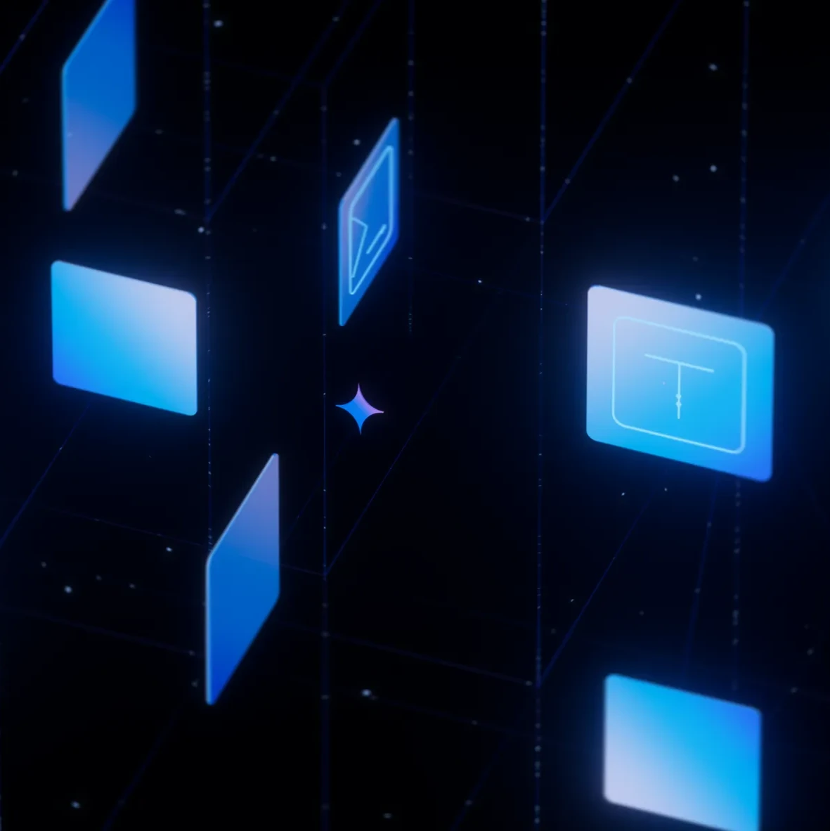 Blue squares with icons and a glowing starburst are suspended in a grid-lined space, representing different apps within a digital network.