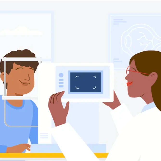 An illustration of two people during an eye exam