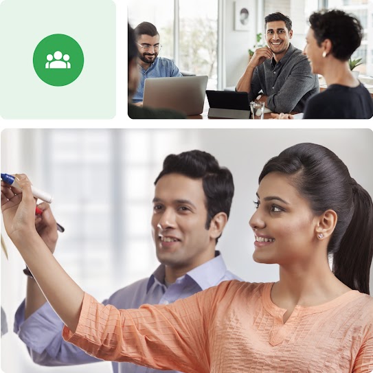 A collage consisting of a teamwork icon, a team meeting and two people standing in front of a workboard collaborating.