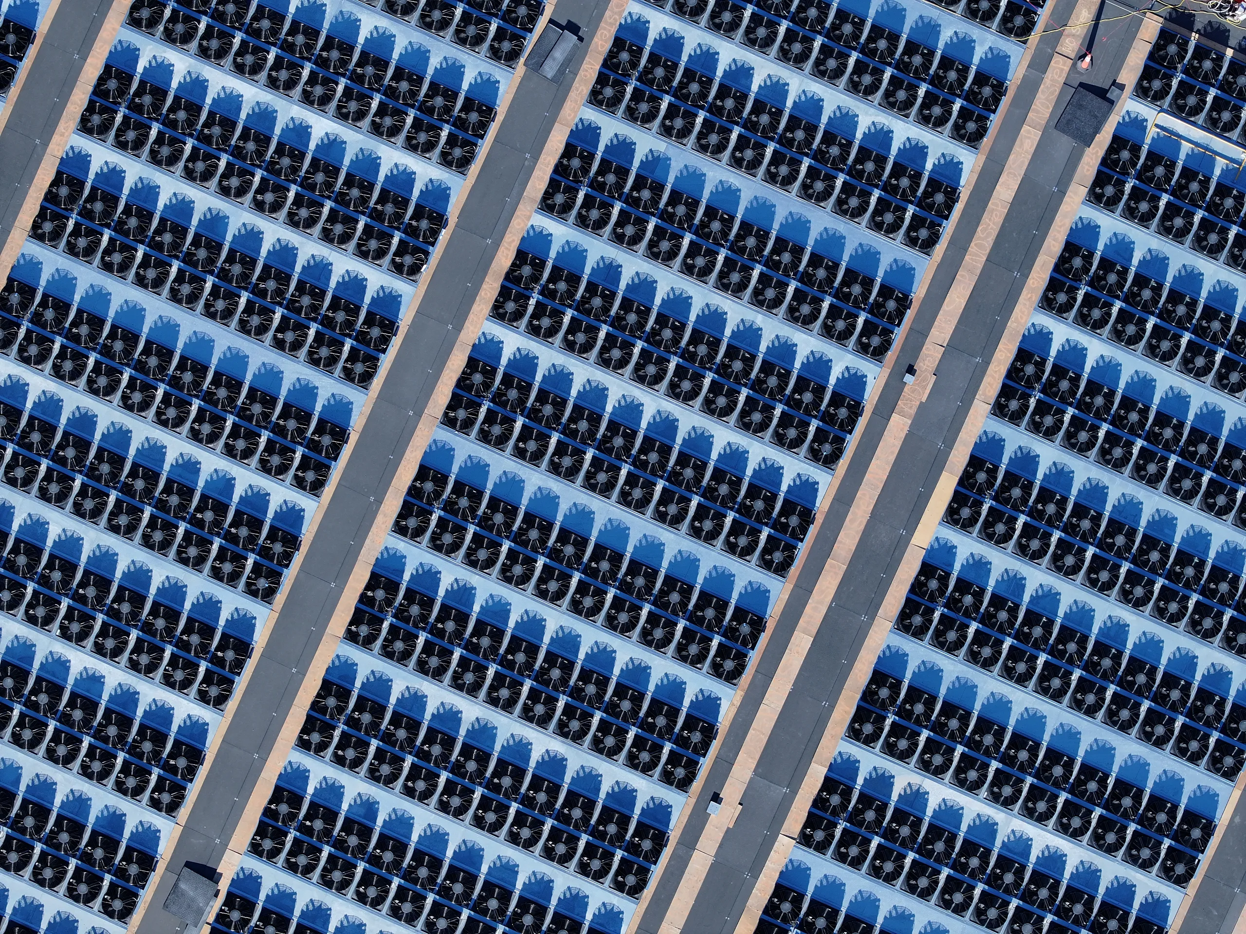 An aerial photograph shows the cooling tower fan platform at Google's Storey County, Nevada, data center campus.