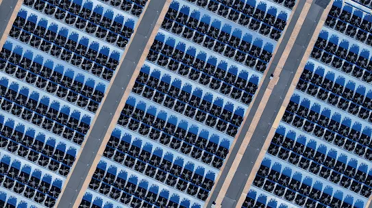 An aerial photograph shows the cooling tower fan platform at Google's Storey County, Nevada, data center campus.