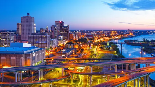 Modern city skyline with a variety of architectural styles and heights.