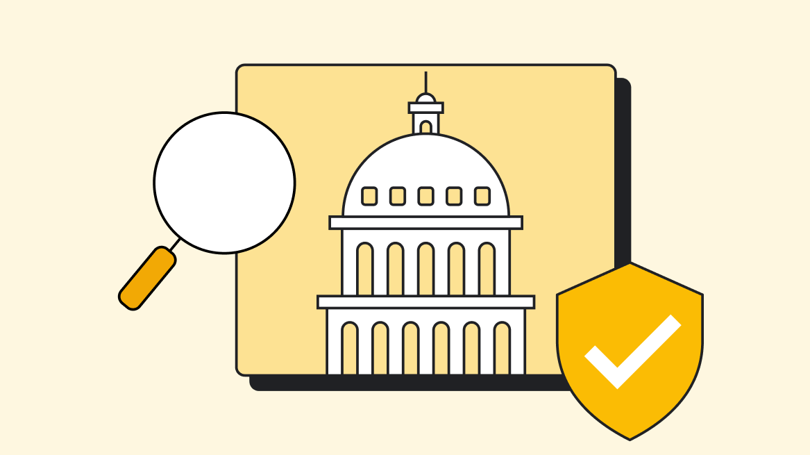 Yellow icon depicting a City Hall-style building, a security verified checkmark, and a magnifying glass