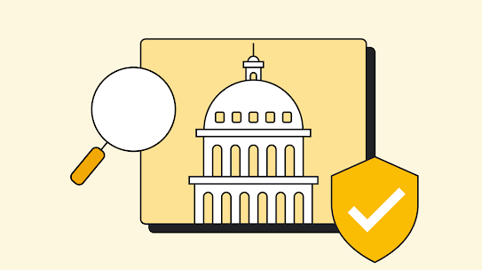 Yellow icon depicting a City Hall-style building, a security verified checkmark, and a magnifying glass