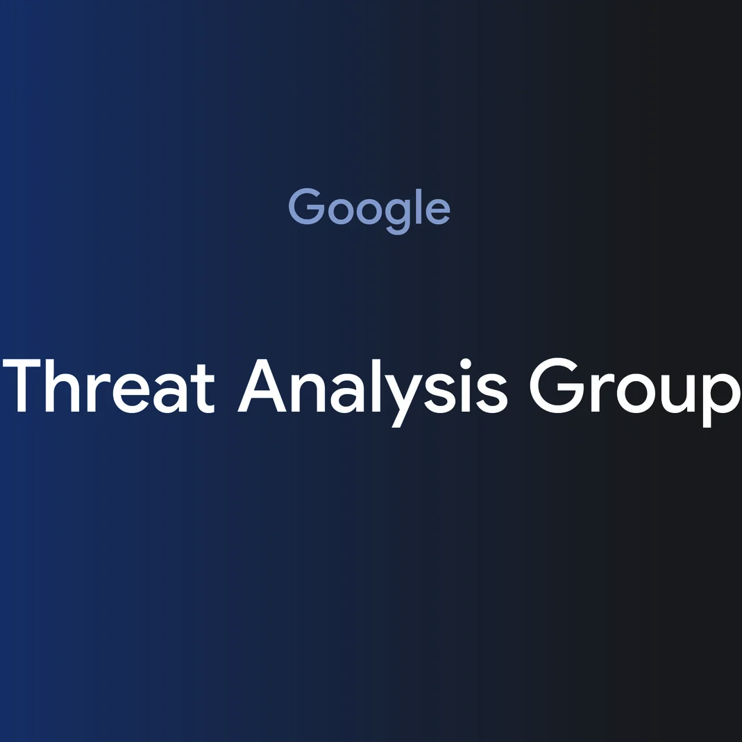 Blue square with the word Google in light blue with additional words below Threat Analysis Group in white and a bigger font