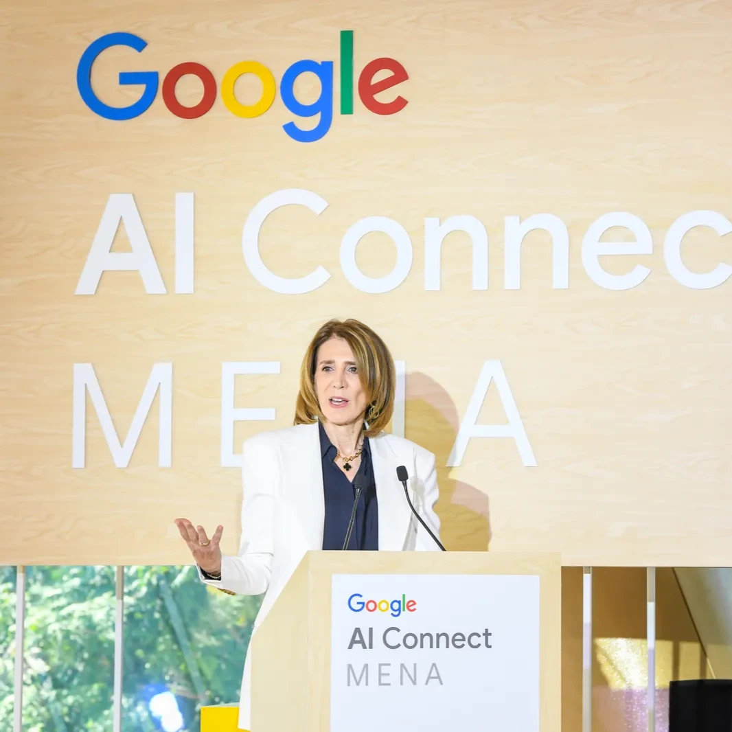 A photograph of Ruth Porat, Google's CIO, giving a presentation at a conference