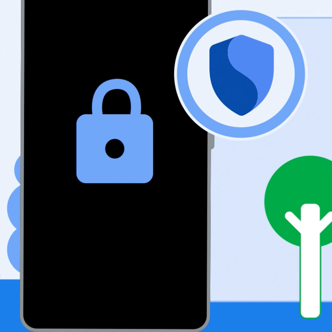 An illustration of an android with a padlock, next to the Safer with Google shield 