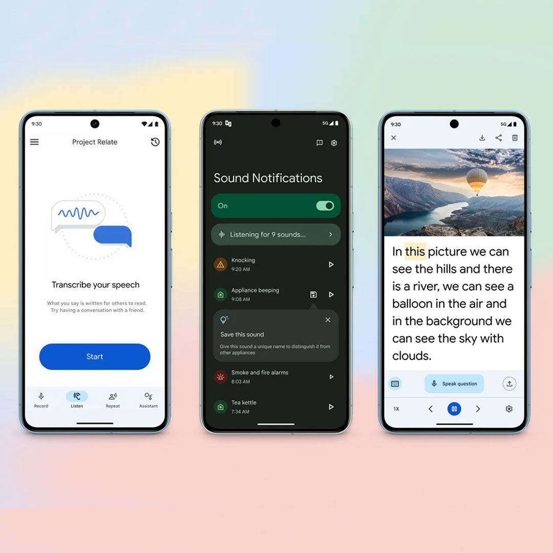 Three phones that each feature a different Google accessibility update: Transcription, Sound Notifications, and Lookout