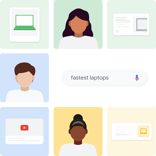 Illustrated collage of three different users receiving different recommendations for their laptop shopping search queries.