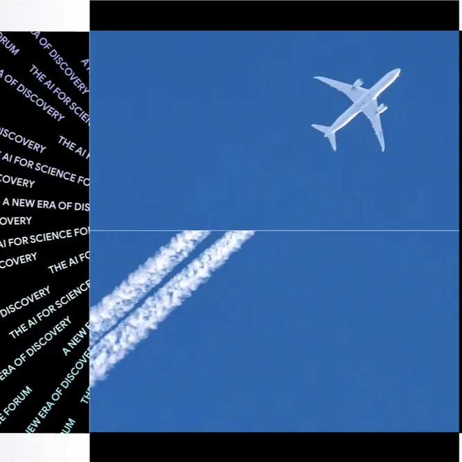 A graphic showing a plane flying overhead in a square