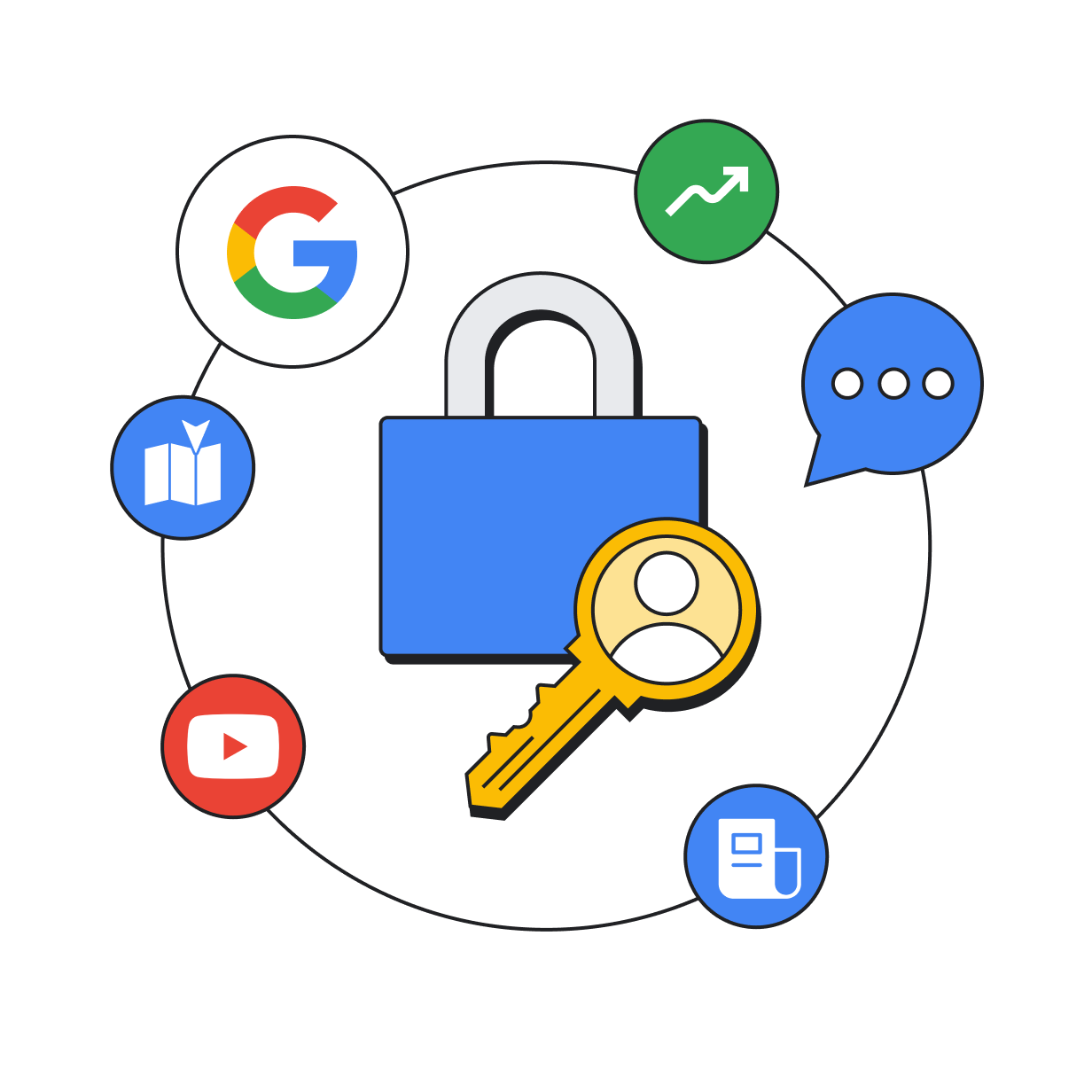 Illustration of security imagery, with a padlock and key in the center and smaller floating icons encircling it, including a Google logo, location pin, trend icon, social icons, and news icons.