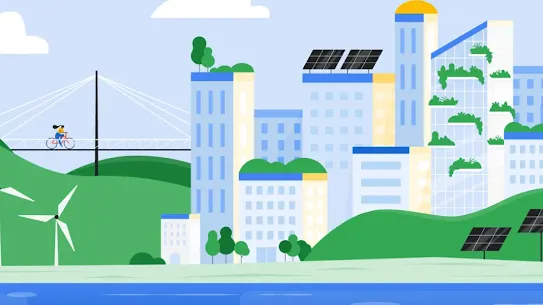 Illustration of green hills, a cyclist crossing a bridge, solar panels, wind turbines, high rise buildings, and water