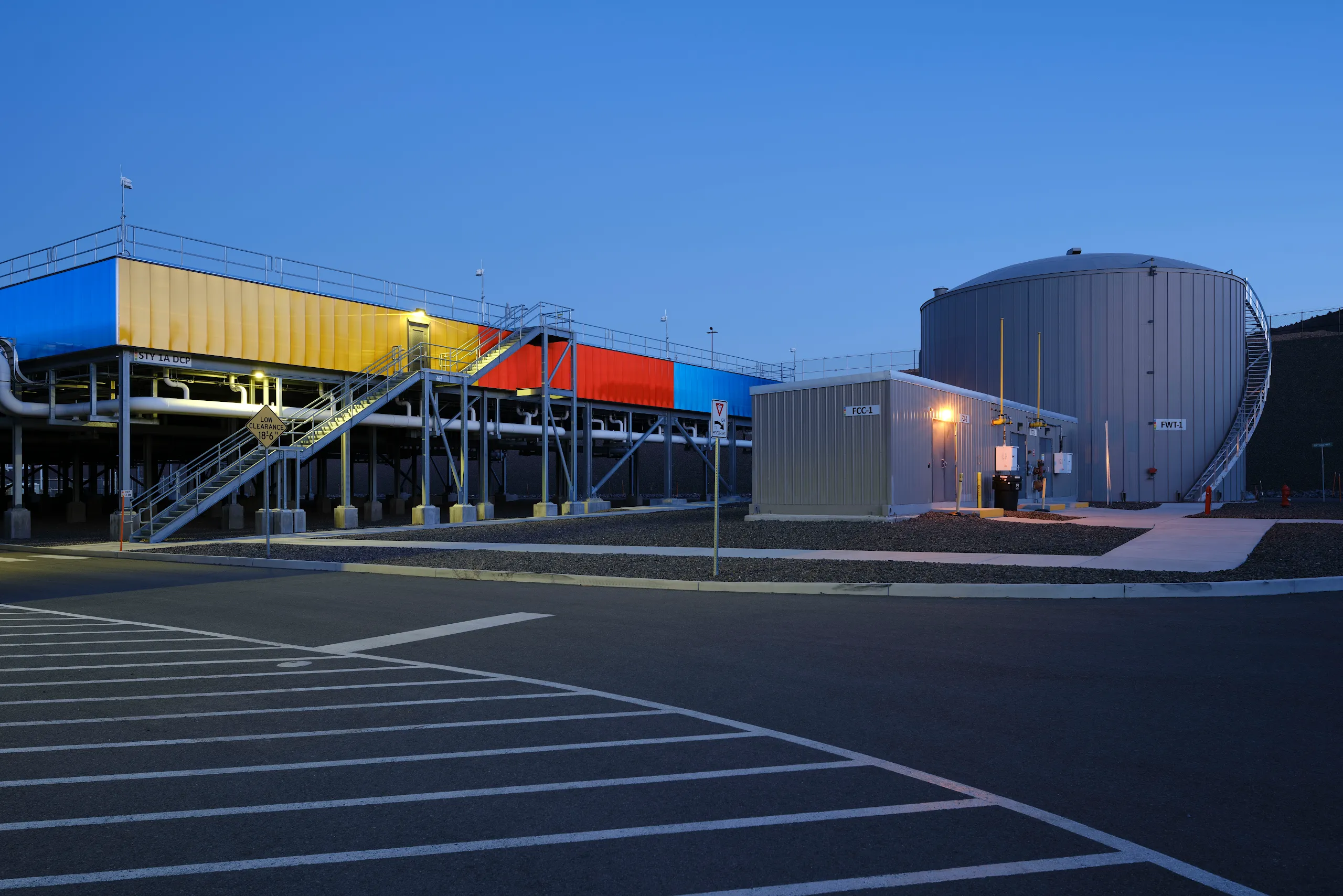 An exterior photograph of colorful dry coolers in Storey County, Nevada, data centers.