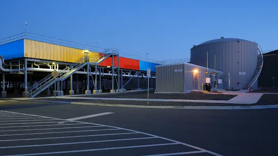 An exterior photograph of colorful dry coolers in Storey County, Nevada, data centers.