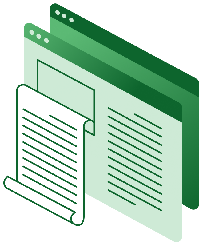 Illustration in green of two browser windows stacked in front of each other with a scroll of paper coming out of the browser window in the front