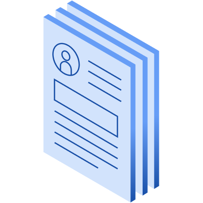 Blue graphic of a stack of papers with an illustration of a headshot in the top left corner of the first paper