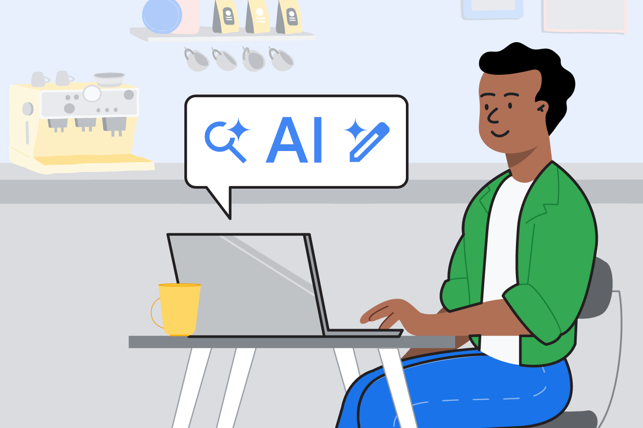 Illustration of a person sitting at a laptop with a call out box reading