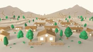 Εικονογραφημένη γειτονιά με καφέ σπίτια, καταπράσινα δέντρα, ανεμόμυλους και βουνά στο παρασκήνιο.