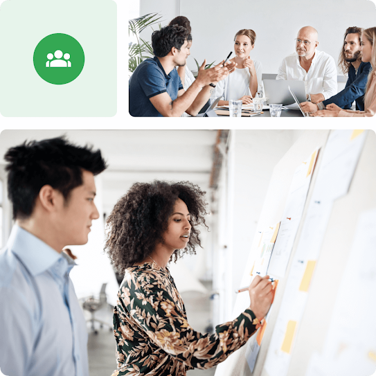 Uma colagem com um ícone de trabalho em equipe, uma foto de uma reunião em grupo e uma foto de duas pessoas trabalhando juntas em frente a um painel de tarefas.