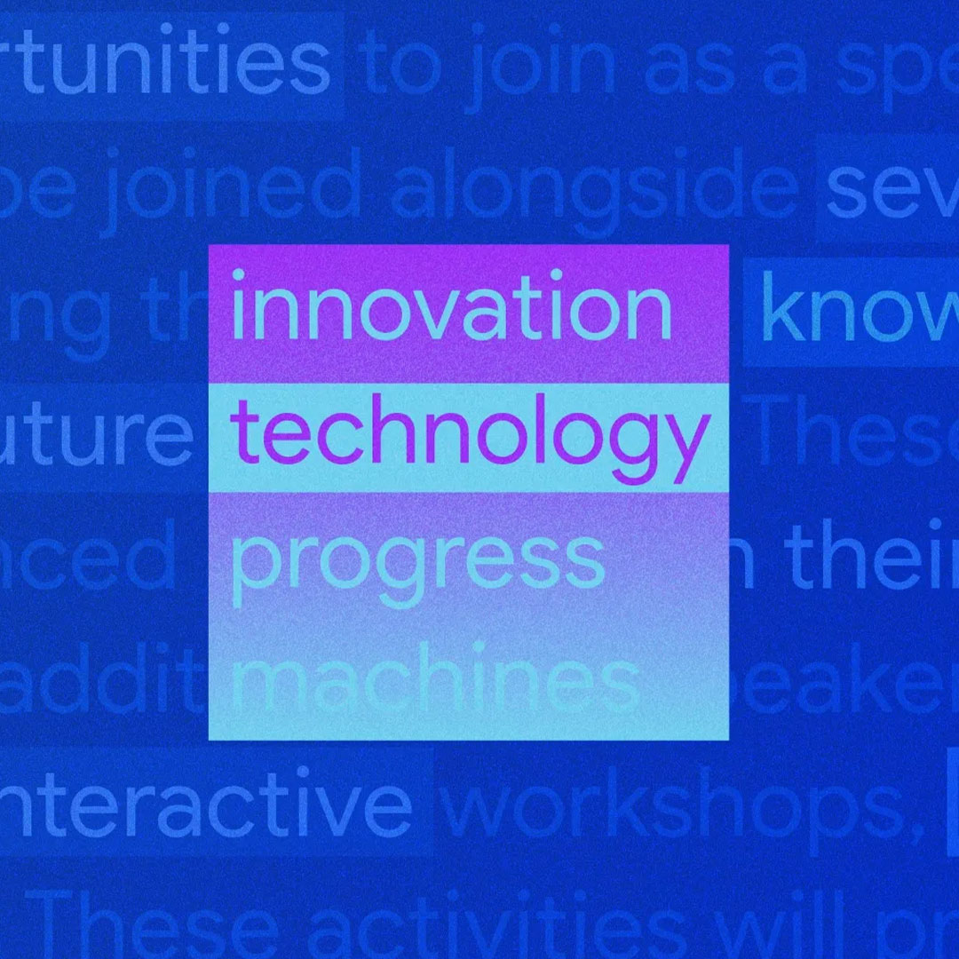 An image with low-opacity background text, the focal point being the words innovation, technology, progress, and machines