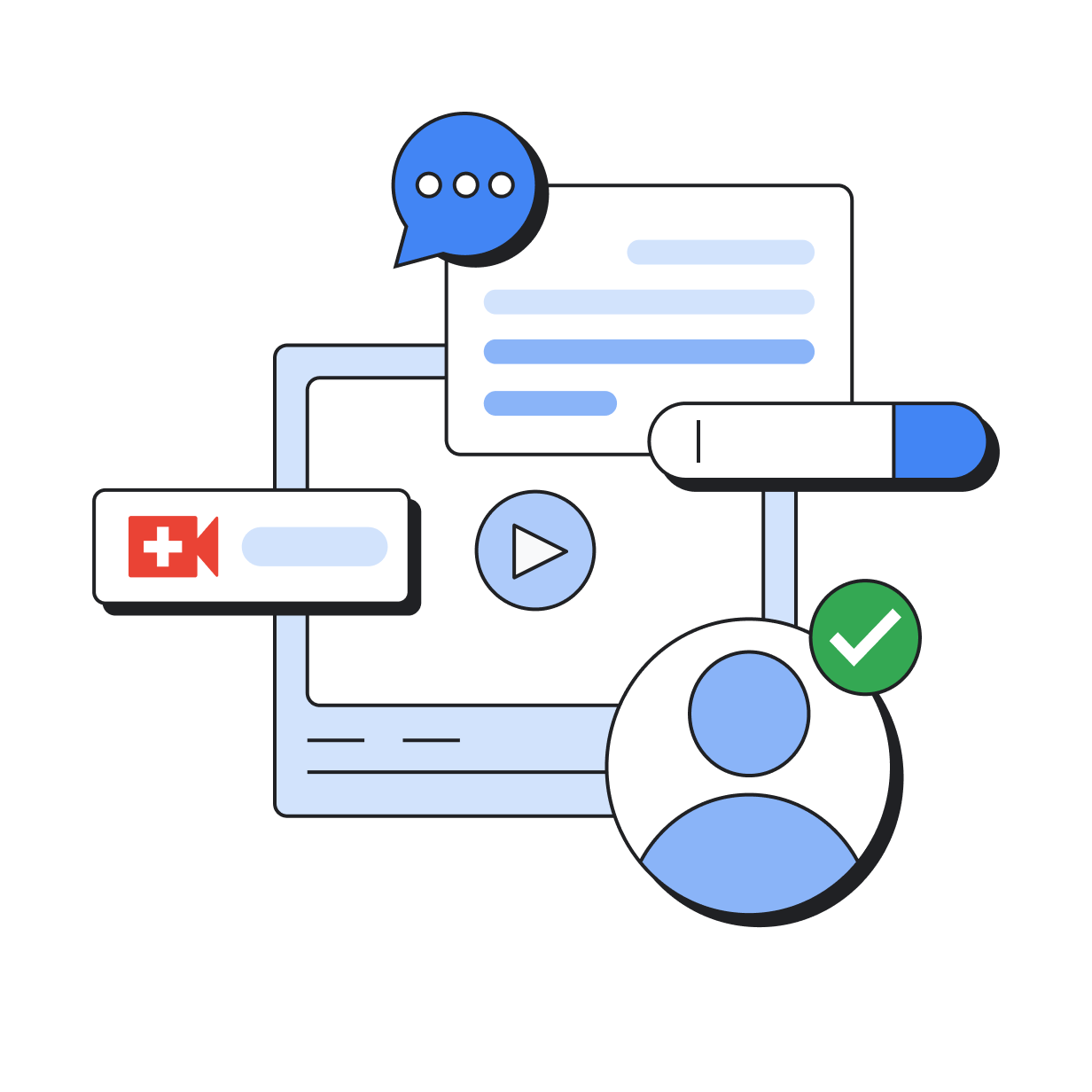 Illustration of messaging interfaced, with layered imagery depicting a search bar and results, a verified contact image, a video with description, and a video conferencing icon.