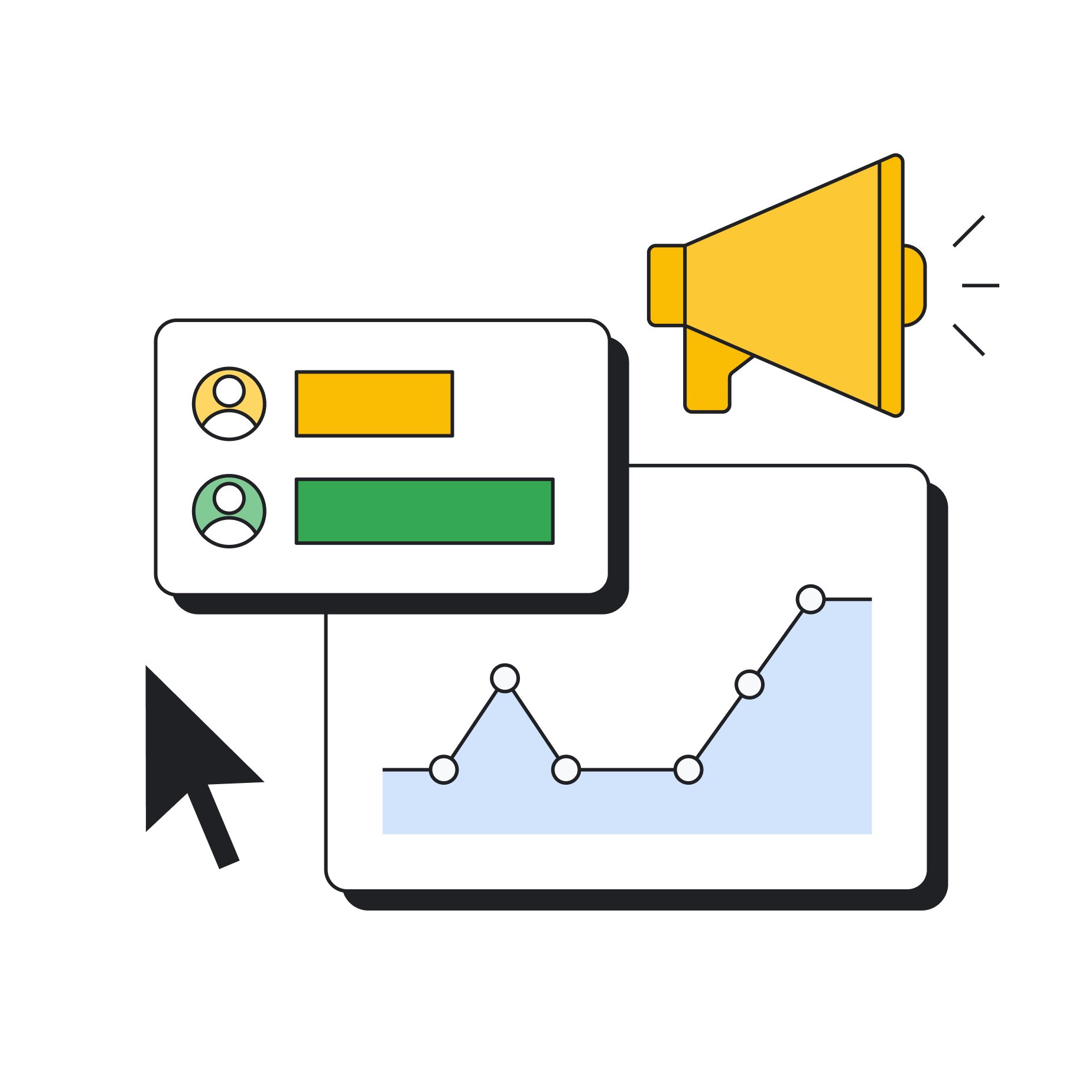 Illustration of digital marketing tools indicating growth and impact, including a poll, a megaphone symbol, and a trending line graph