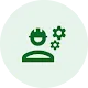 An illustrated icon of a worker with gears rising up like thought bubbles. 