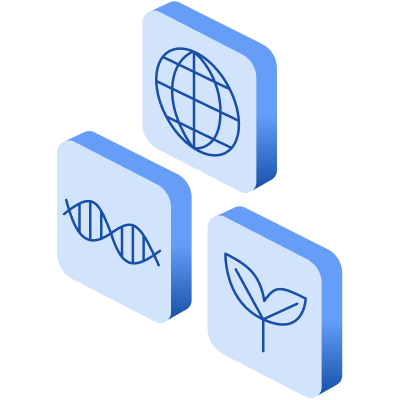 Three blue squares, one with a globe illustration, one with a DNA strand and one with a plant leaf inside