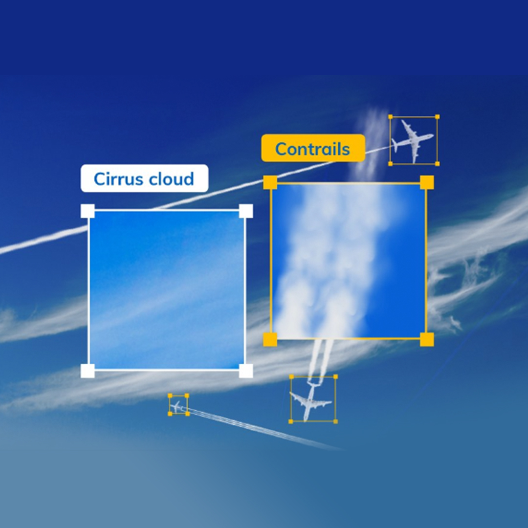 Image of planes flying in a blue sky with two boxes magnifying a contrail and a cirrus cloud