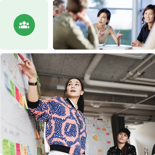 A collage consisting of a teamwork icon, a team meeting and two people standing in front of a workboard collaborating.