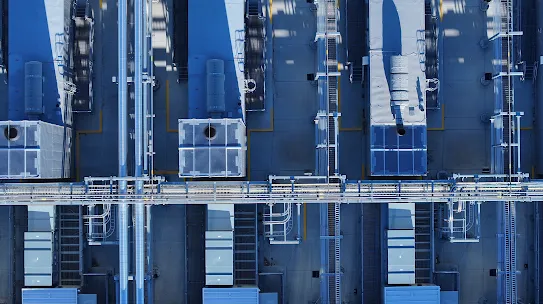 A drone photograph taken over the top of individual generators in Google's gCUB generator yard at Storey County, Nevada, data center campus.