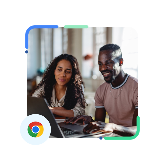 A photo of two professionals engaged in a discussion while working on a laptop, with a Chrome logo.