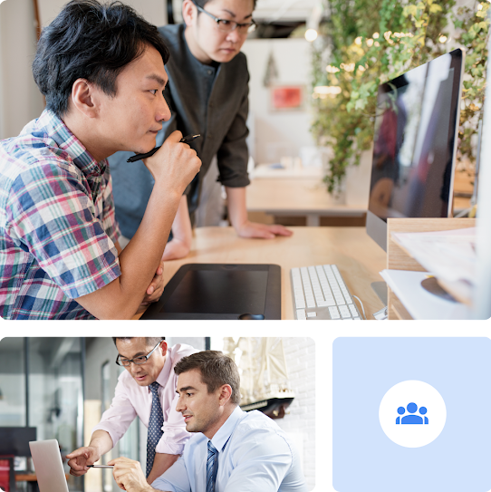 A collage of images shows two men working in an office, a close up of people collaborating on a laptop, and an icon to represent teams.