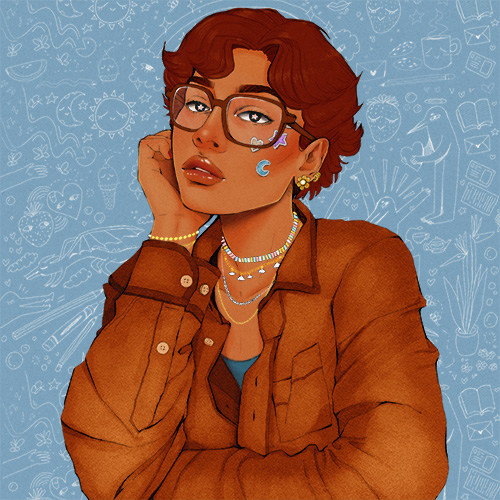 Illustrated headshot of Sienna. Sienna has short brown hair, brown glasses, and is wearing a brown collared long sleeve button-up shirt. Sienna has three stickers on her left cheek of a pink star and heart and blue moon. Sienna is wearing flower earrings, necklaces and a bracelet. Sienna is in front of a solid blue background with white line doodles. 