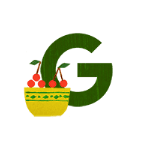 Green illustration of the letter G with a yellow bowl with cherries in it