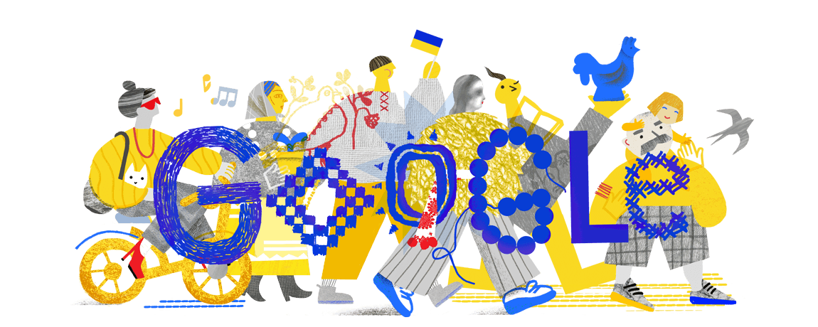 Digital illustration of a parade of several people including a woman on a bike holding a cat, older woman holding a potted plant, man holding a ukrainian flag, woman and man holding a blue rooster, and older mustached man with a child on his shoulders. They are mostly colored yellow and grey. The Google logo is spelled out in front of them in bold, blue letters. Each letter is made with different shapes and fonts.