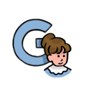 Blue illustration of the letter G with an illustration of a nurse with brown hair 