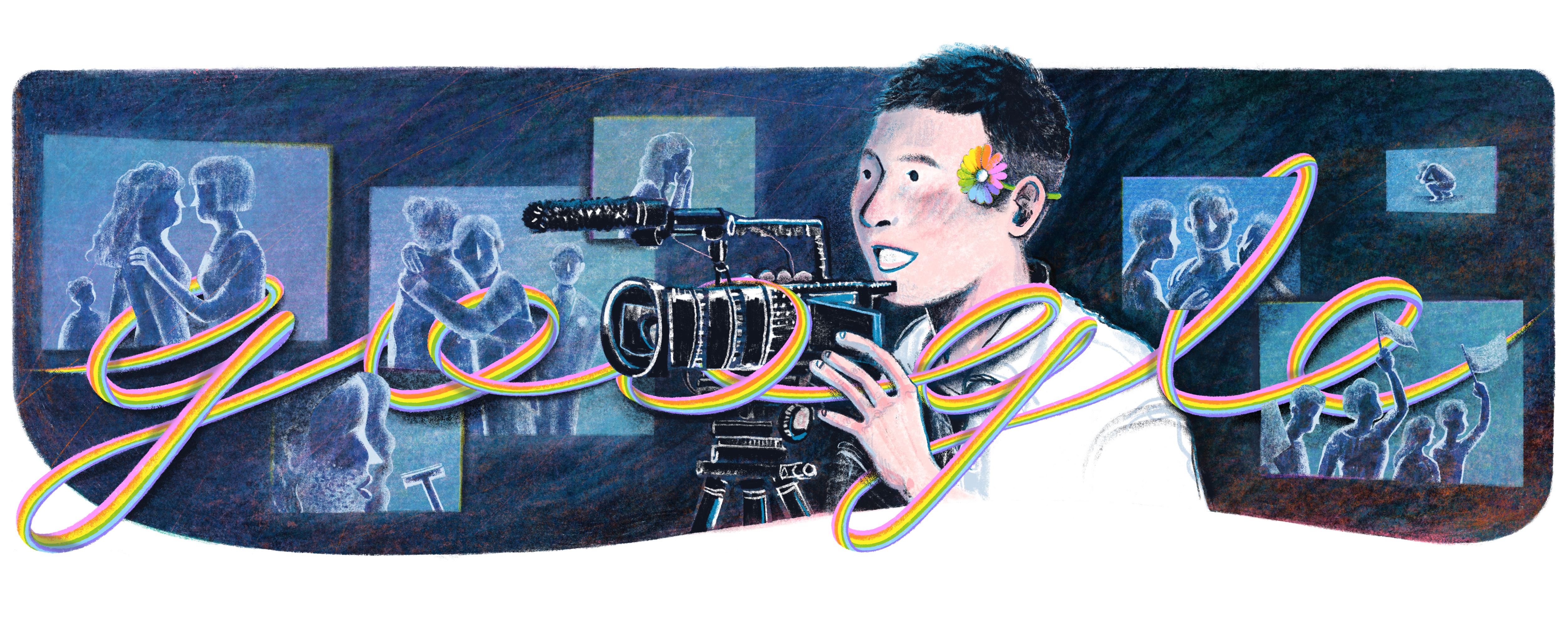 Illustration of Mickey Chen behind a camera on a stand. He has black, short hair, white skin, and has a colorful flower tucked behind his ear. The background shows multiple vignettes of people with the "GOOGLE" letters interwoven in rainbow script.