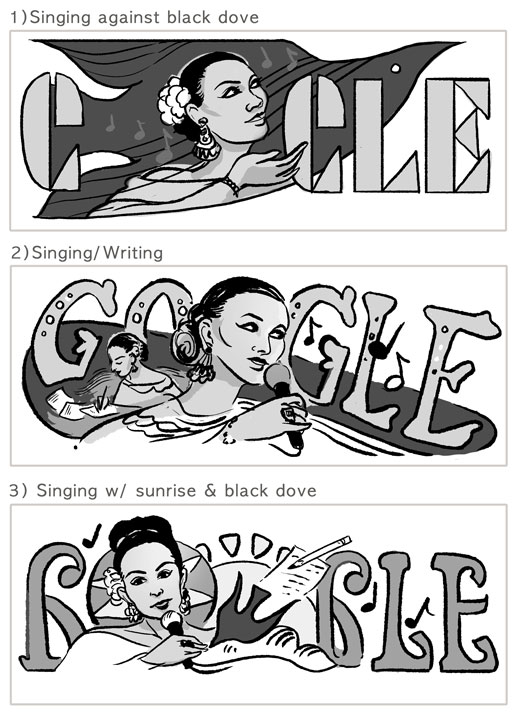 Three black and white sketches of the Doodle, Beltrán with the Google Logo, arranged vertically.