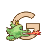 An illustration of the letter G in a tan color with a green dragon blowing fire from it's mouth.