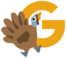 Illustration of the letter G with a turkey on the bottom left corner.