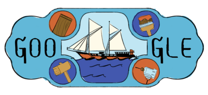 Illustration of a sailboat with tools in circles surrounding the image. the Google letters are positioned on either side of the illustrations.