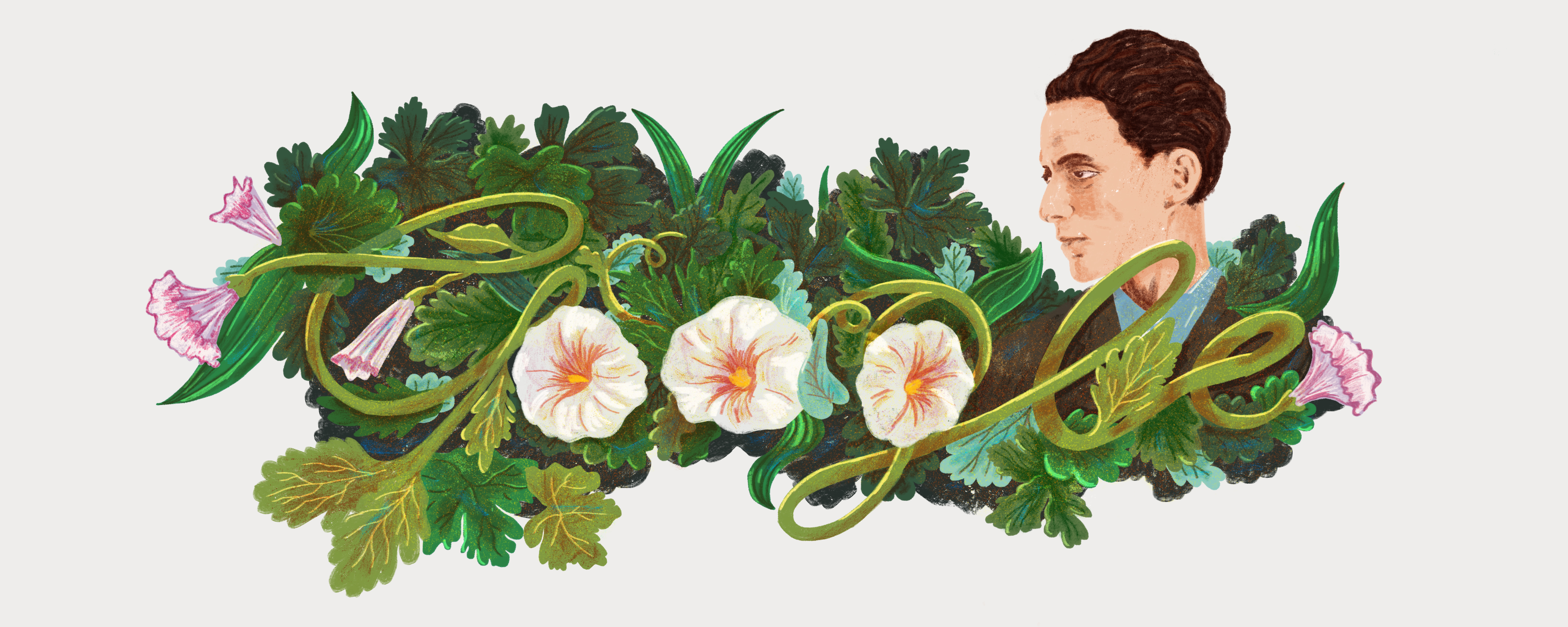Digital illustration of the Google logo made up of greenery and pink and white flowers. There is an profile-view illustration of Gluck in the top right hand corner. Gluck has fair skin, short dark brown hair, and has a serious look on their face. They are wearing a light blue collared shirt under a brown blazer.