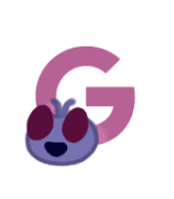Purple illustration of the letter G with a purple bug