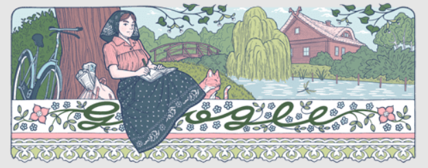 Colorful illustration of a white woman wearing a pink button up shirt and a dark blue skirt, sitting against a tree writing in a book. The woman is sitting near a body of water and has cats and a bicycle next to her. Google letters incorporated into illustration.