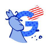 Blue illustration of the letter G with dark blue dots and an illustration of a man with a hat. Red and white stripes behind the G