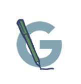 Blue illustration of the letter G with a green pen.